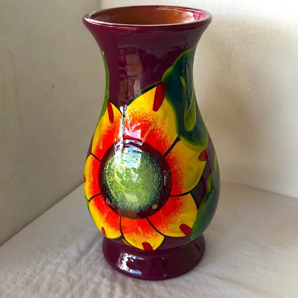 Mexican Folk Art Clay Pottery Vase Hand Painted Bright Flowers & Leaves